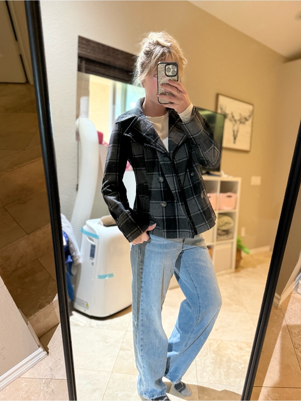 Old Navy Black & Gray Plaid Peacoat Jacket